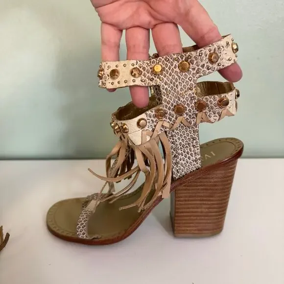 Ivy Kirzhner Sandals 9 Brown Snake Fringe Studded Hildagar Buckle Strappy Ankle